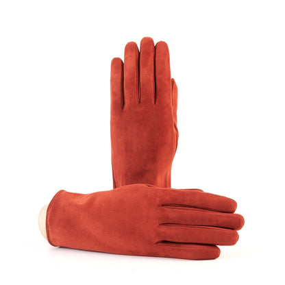Women’s basic orange soft suede leather gloves with palm opening and mix cashmere lining