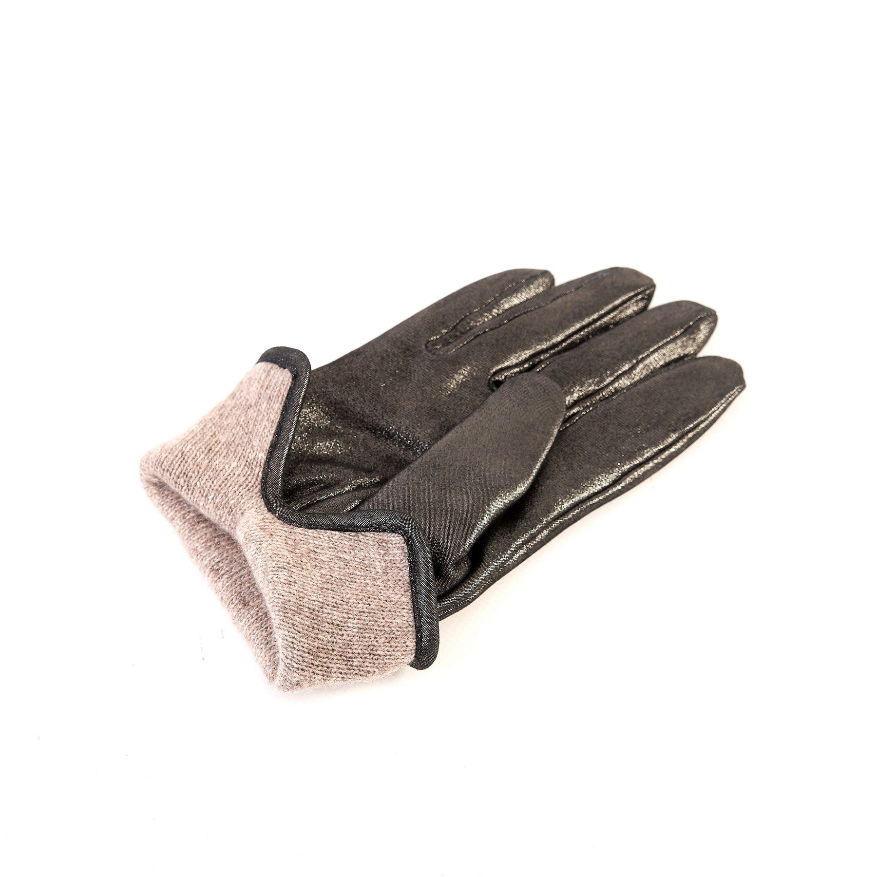 Women’s basic grey soft laminated suede leather gloves with palm opening and mix cashmere lining