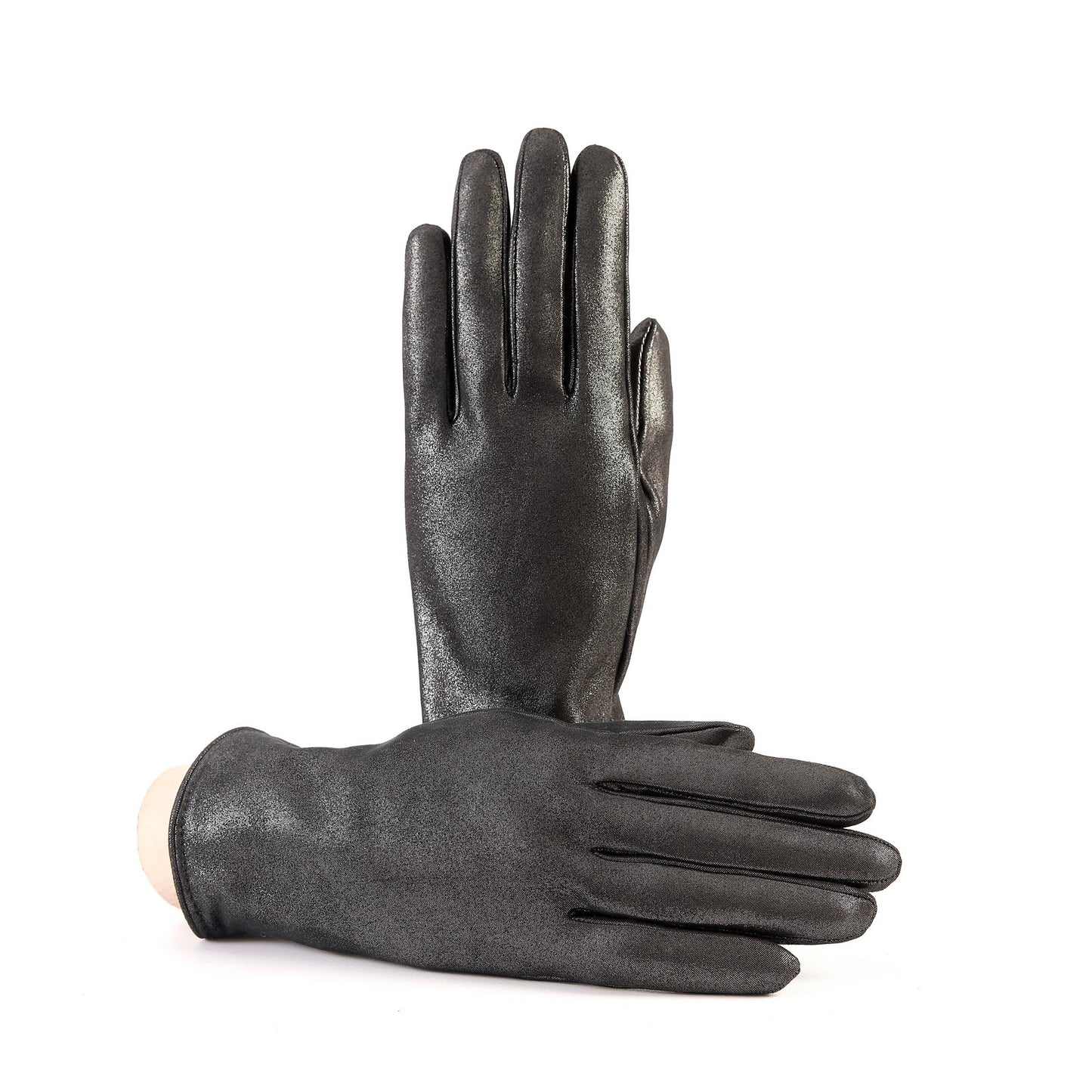 Women’s basic grey soft laminated suede leather gloves with palm opening and mix cashmere lining