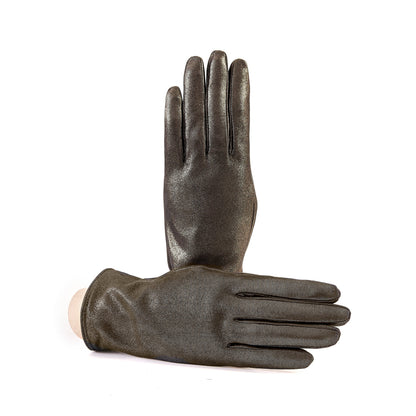 Women’s basic gold soft laminated suede leather gloves with palm opening and mix cashmere lining