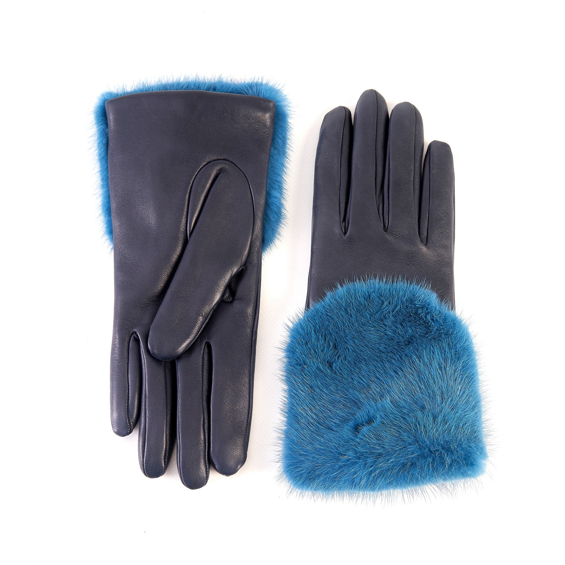 Women's blue marine nappa leather gloves with a wide real fur panel on the top and cashmere lined