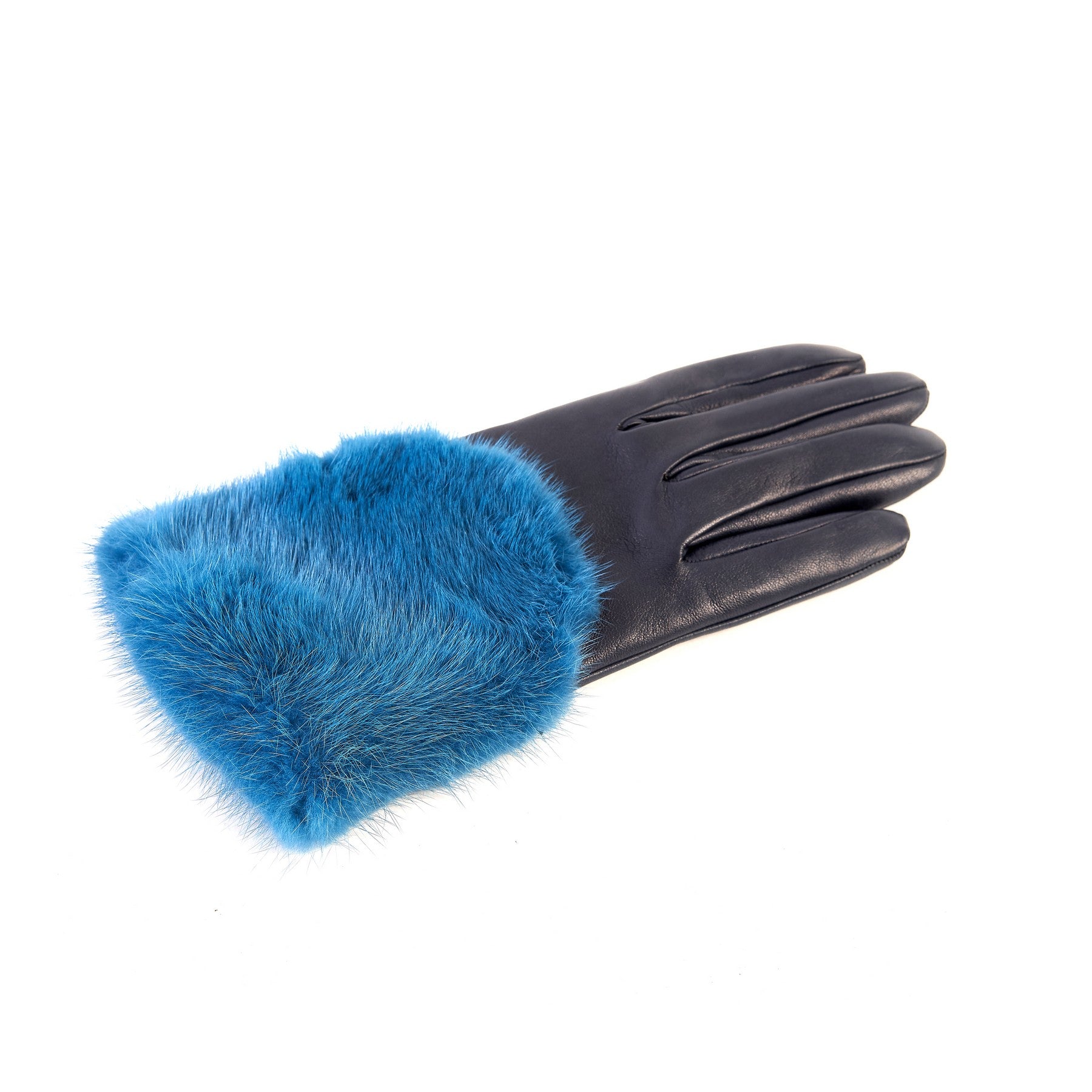 Women's blue marine nappa leather gloves with a wide real fur panel on the top and cashmere lined