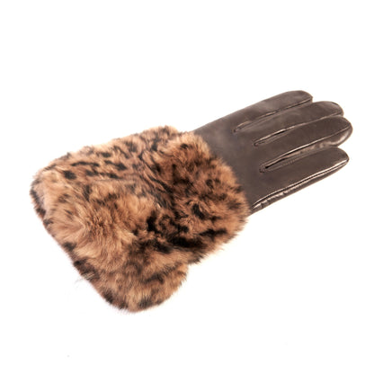 Women's brown nappa leather gloves with a printed leo wide real fur panel on the top and cashmere lined