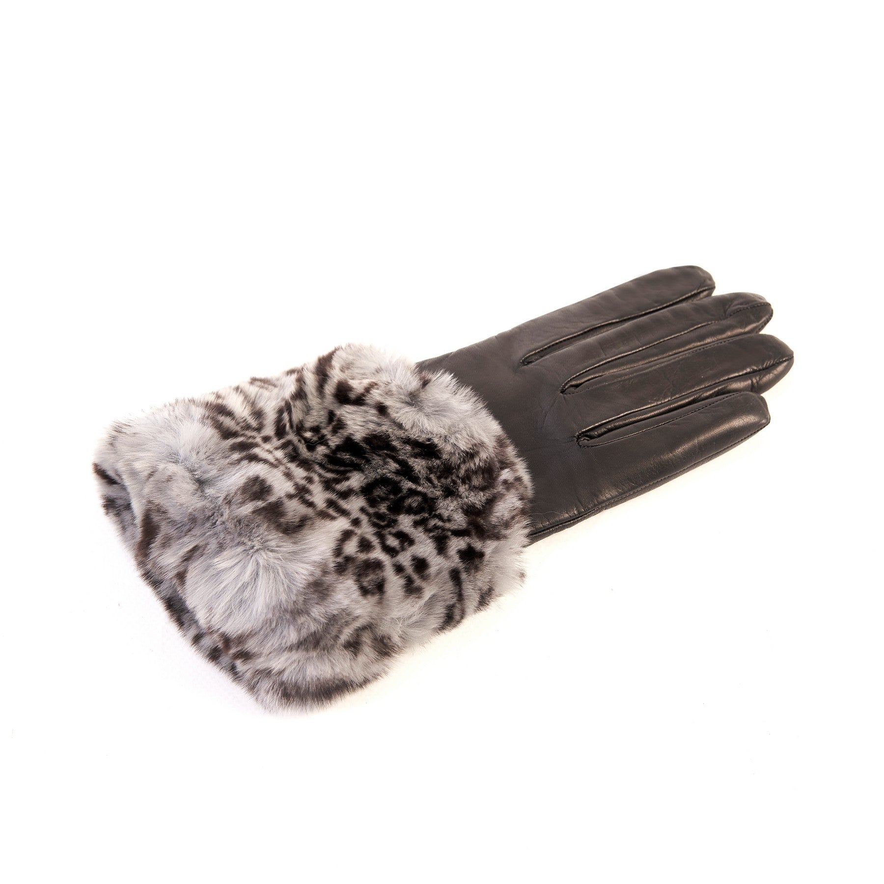 Women's black nappa leather gloves with a printed leo wide real fur panel on the top and cashmere lined