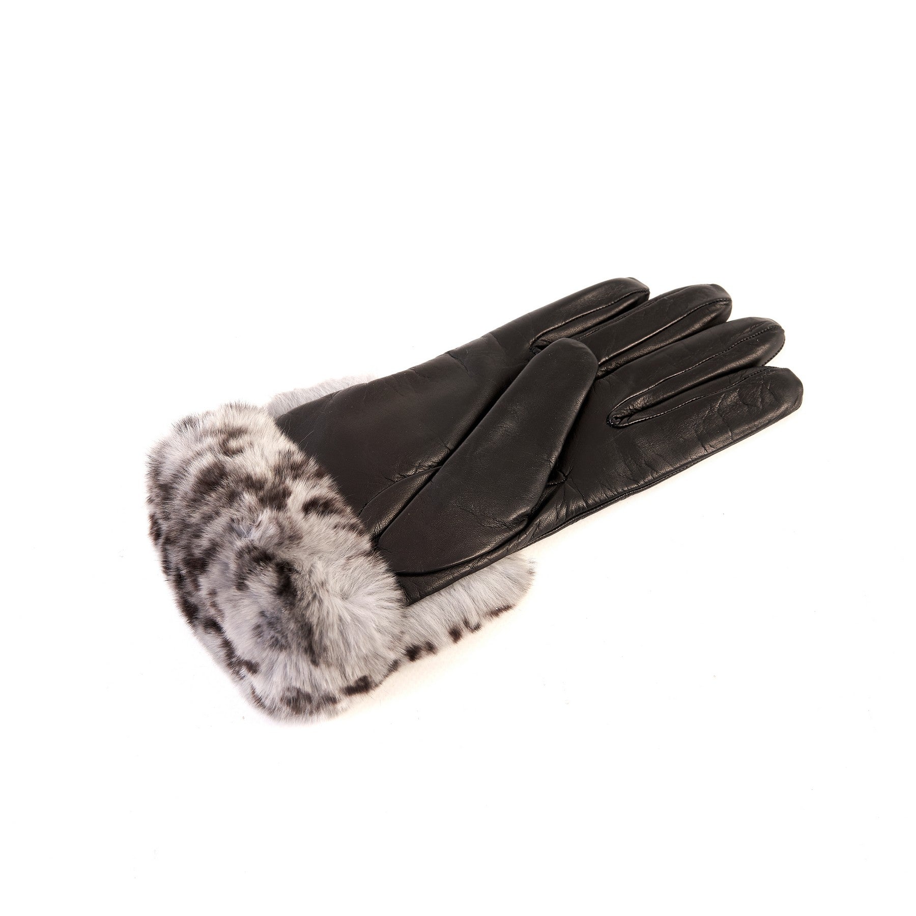 Women's black nappa leather gloves with a printed leo wide real fur panel on the top and cashmere lined