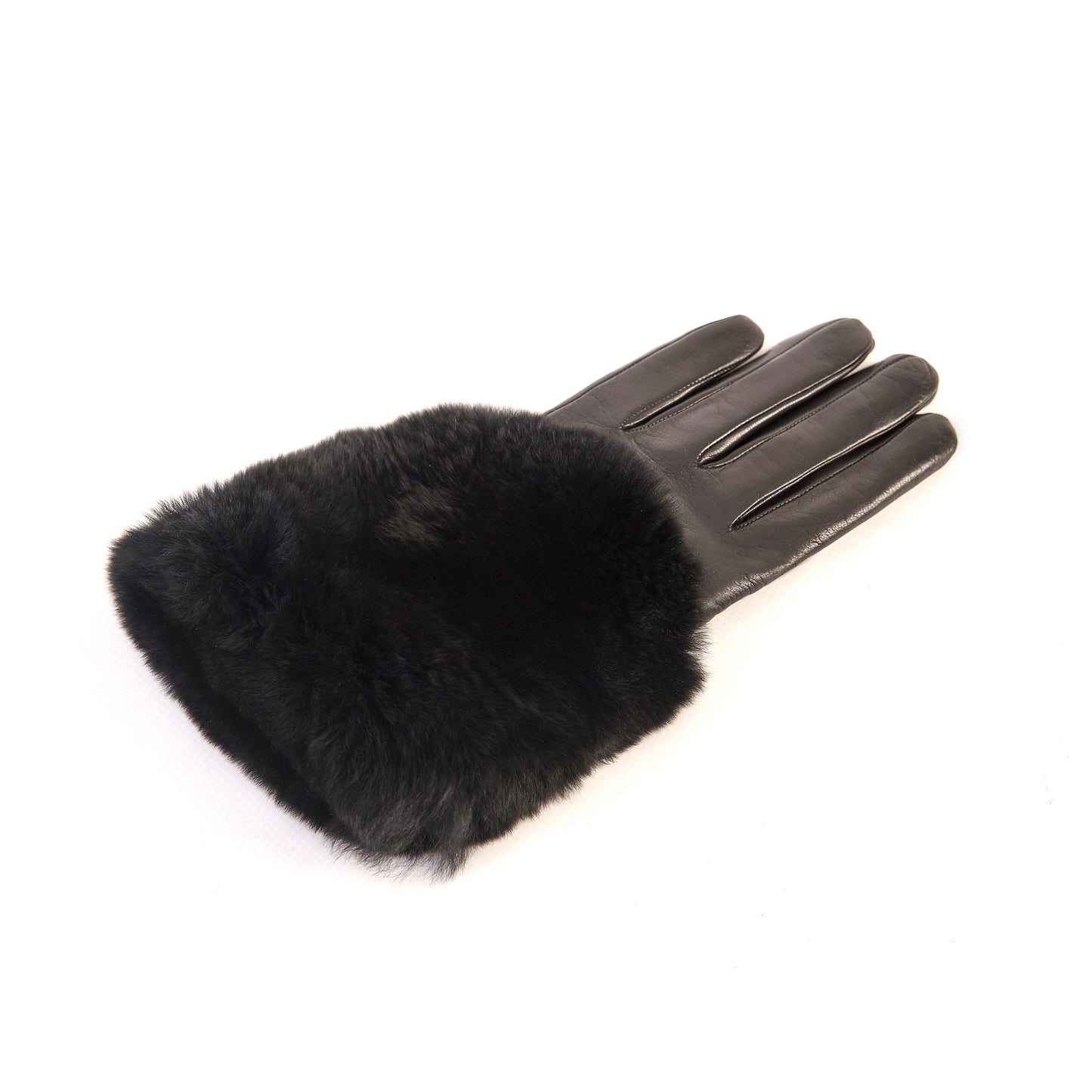 Women's black nappa leather gloves with a wide real fur panel on the top and cashmere lined