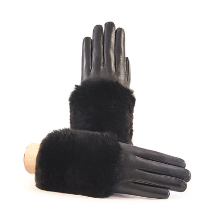 Women's black nappa leather gloves with a wide real fur panel on the top and cashmere lined