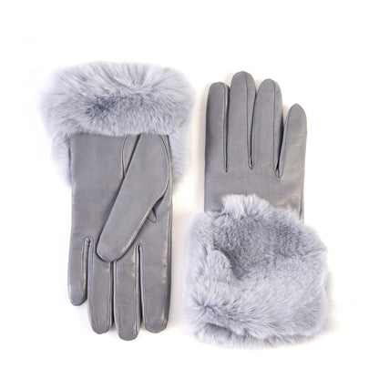 Women's grey nappa leather gloves with a wide real fur panel on the top and cashmere lined