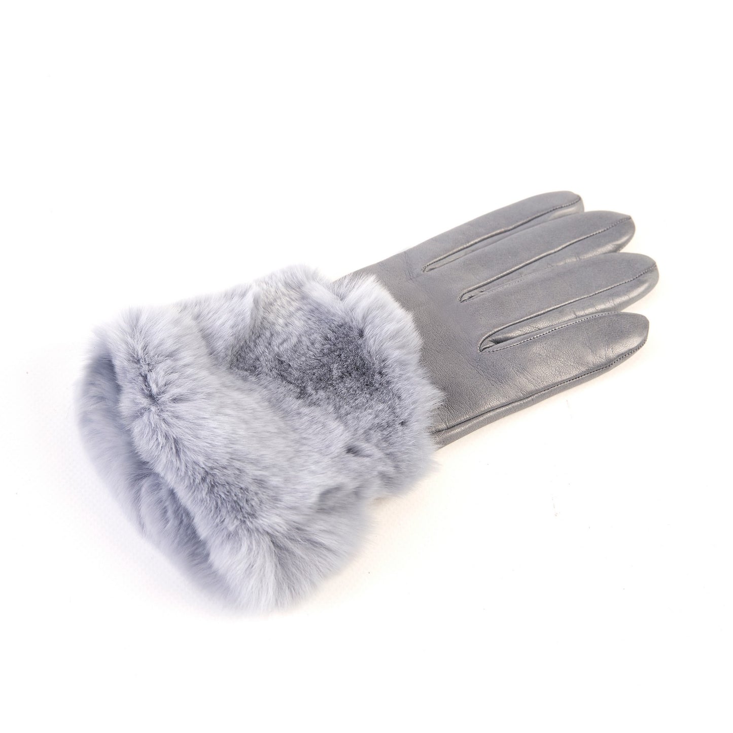 Women's grey nappa leather gloves with a wide real fur panel on the top and cashmere lined