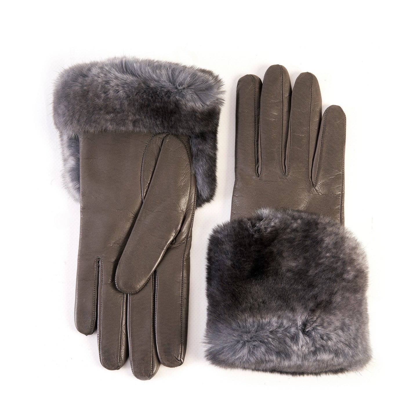 Women's mud nappa leather gloves with a wide real fur panel on the top and cashmere lined