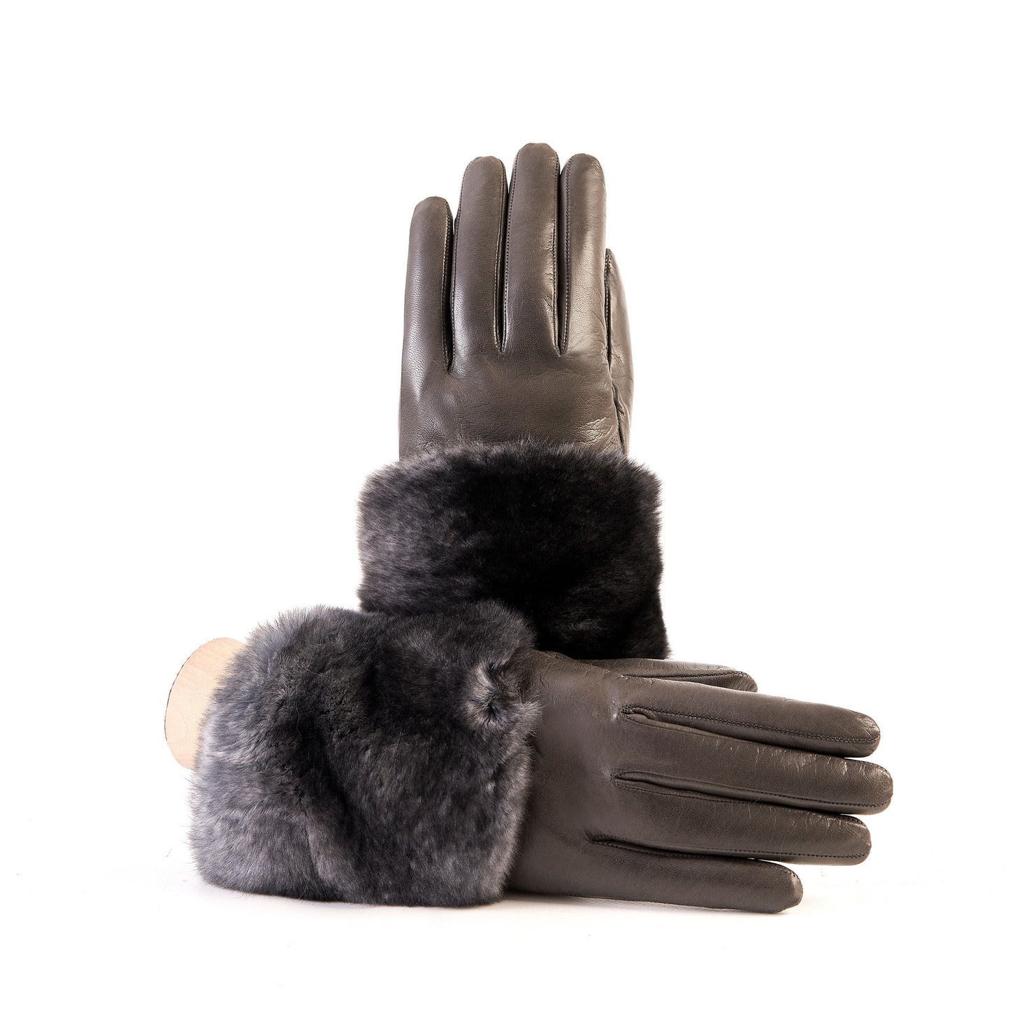 Women's mud nappa leather gloves with a wide real fur panel on the top and cashmere lined