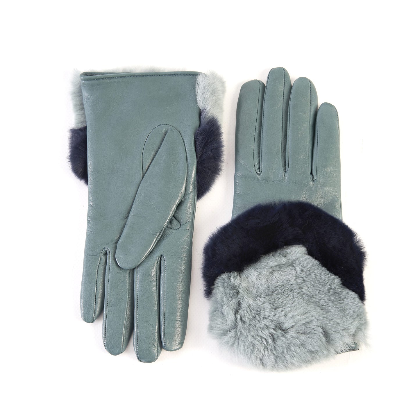 Women's green nappa leather gloves with a wide real fur panel on the top and cashmere lined