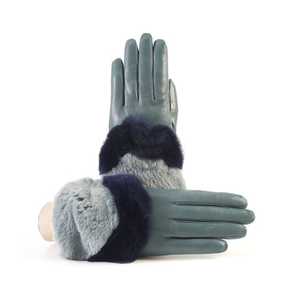 Women's green nappa leather gloves with a wide real fur panel on the top and cashmere lined