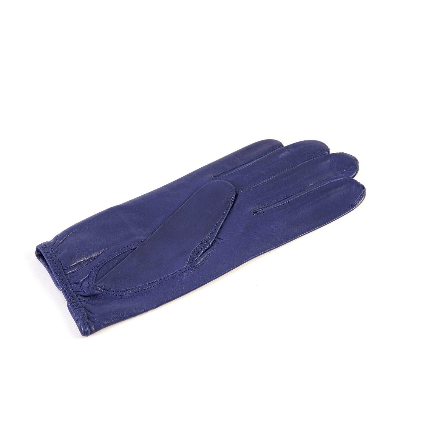 Women's unlined blue leather driving gloves with button closure