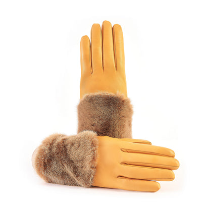 Women's yellow nappa leather gloves with a wide real fur panel on the top and cashmere lined