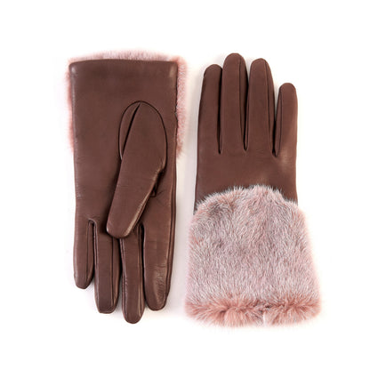 Women's chocolate nappa leather gloves with a wide real fur panel on the top and cashmere lined