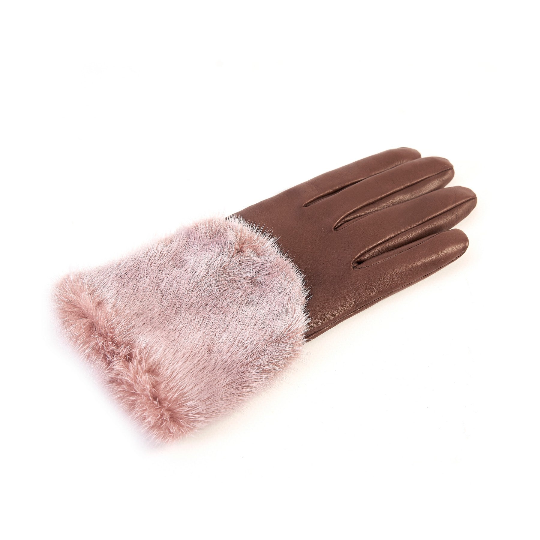 Women's chocolate nappa leather gloves with a wide real fur panel on the top and cashmere lined