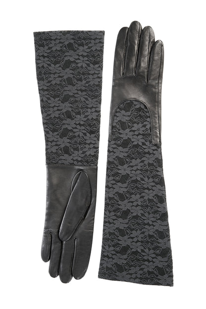 Ladies black leather gloves with elbow lenght lace sleeve