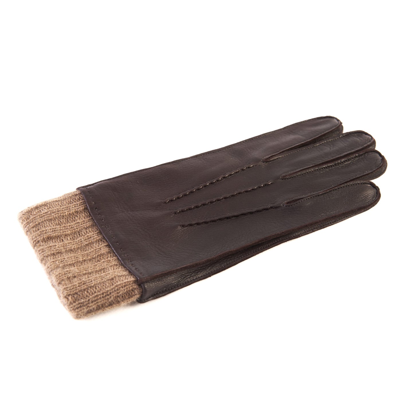 Men's brown deerskin gloves with beige cashmere lining with cuff