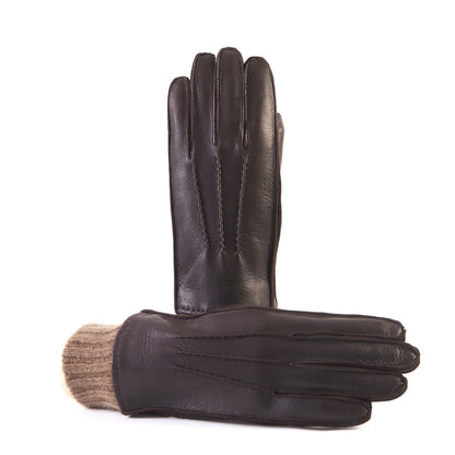 Men's brown deerskin gloves with beige cashmere lining with cuff