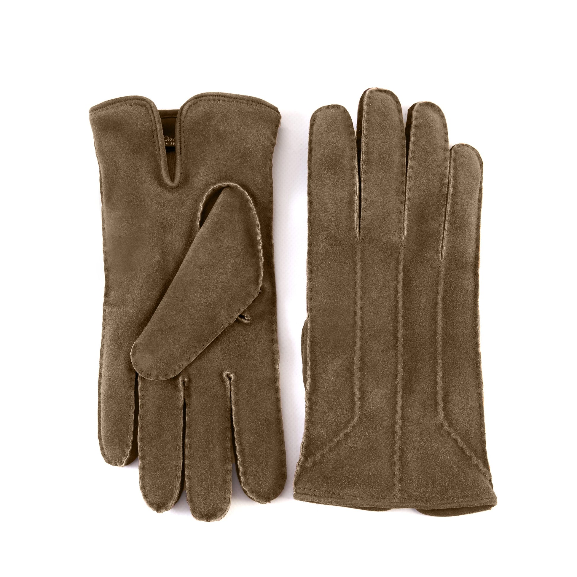 Men's hand-stitched brown suede leather gloves with stylized piping and cashmere lining