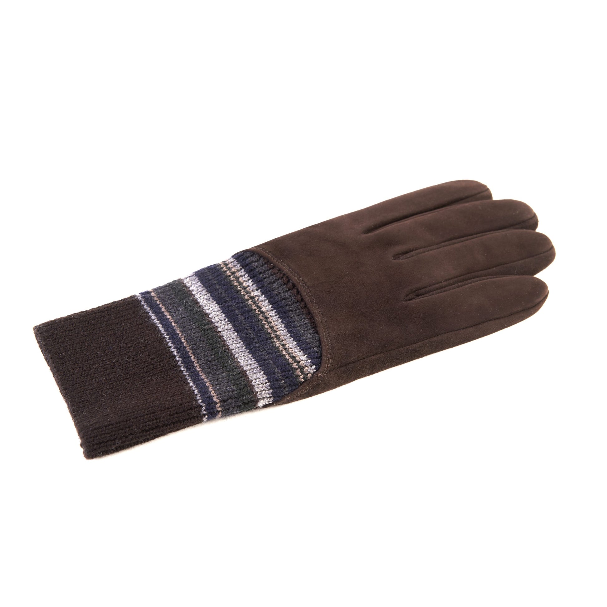Men's brown suede leather gloves with cashmere lining and wool cuff