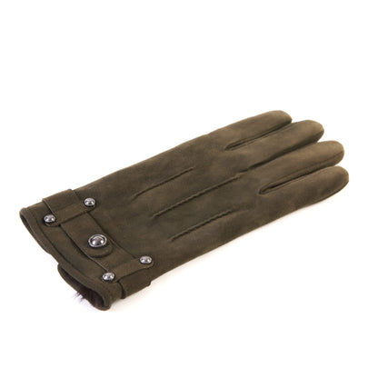 Men's green suede leather gloves with strap and cashmere lining