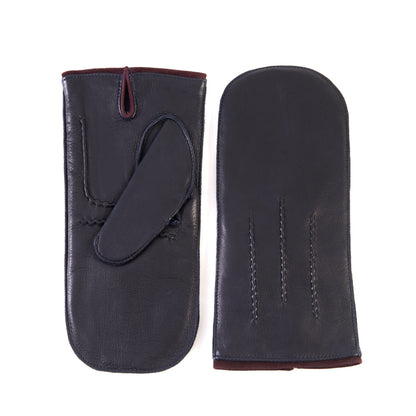 Men's blue deerskin mitten gloves with suede piping and cashmere lining