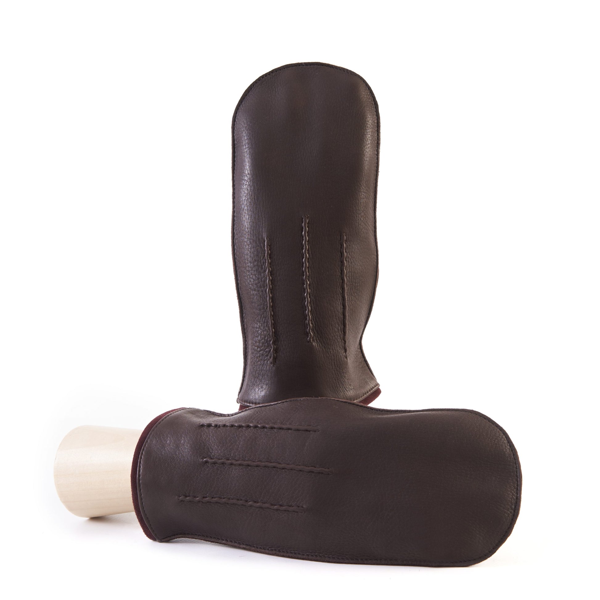 Men's brown deerskin mitten gloves with suede piping and cashmere lining
