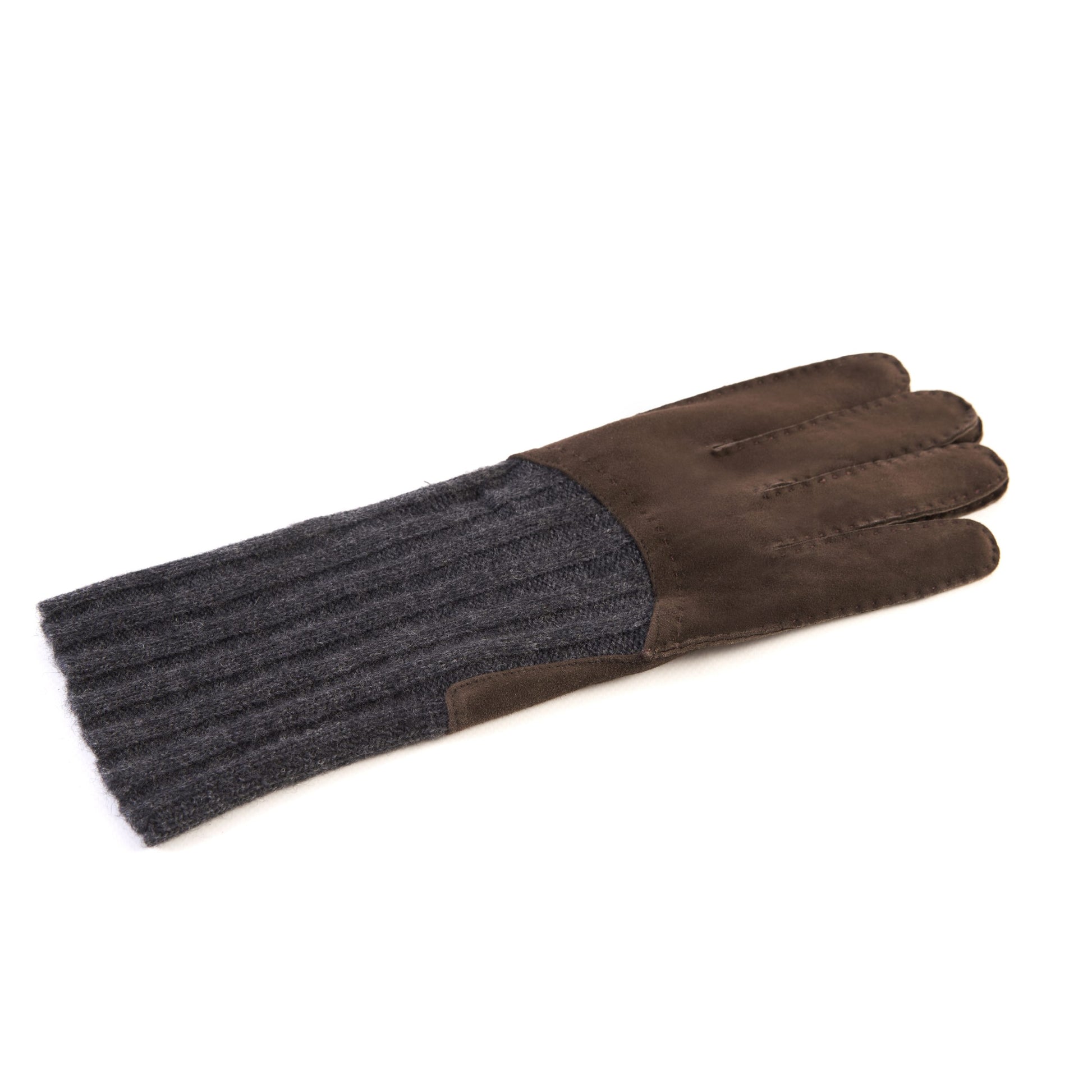 Men's hand-stitched brown suede gloves with grey wool lining with cuff