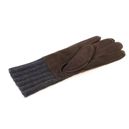 Men's hand-stitched brown suede gloves with grey wool lining with cuff