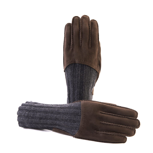 Men's hand-stitched brown suede gloves with grey wool lining with cuff