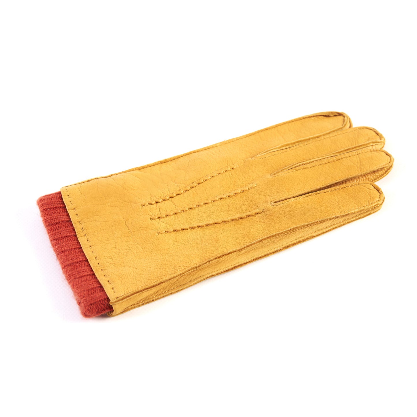 Men's yellow deerskin gloves with orange cashmere lining with cuff