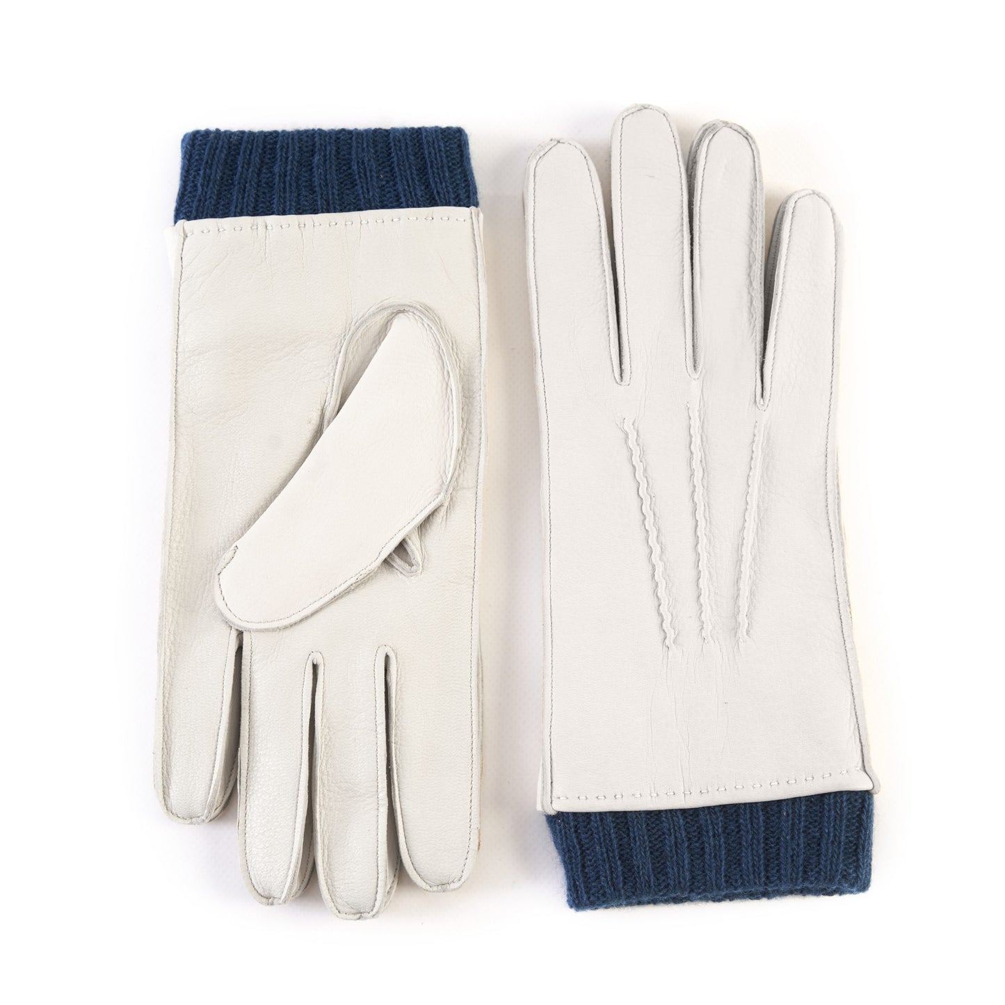 Men's white deerskin gloves with petrol cashmere lining with cuff