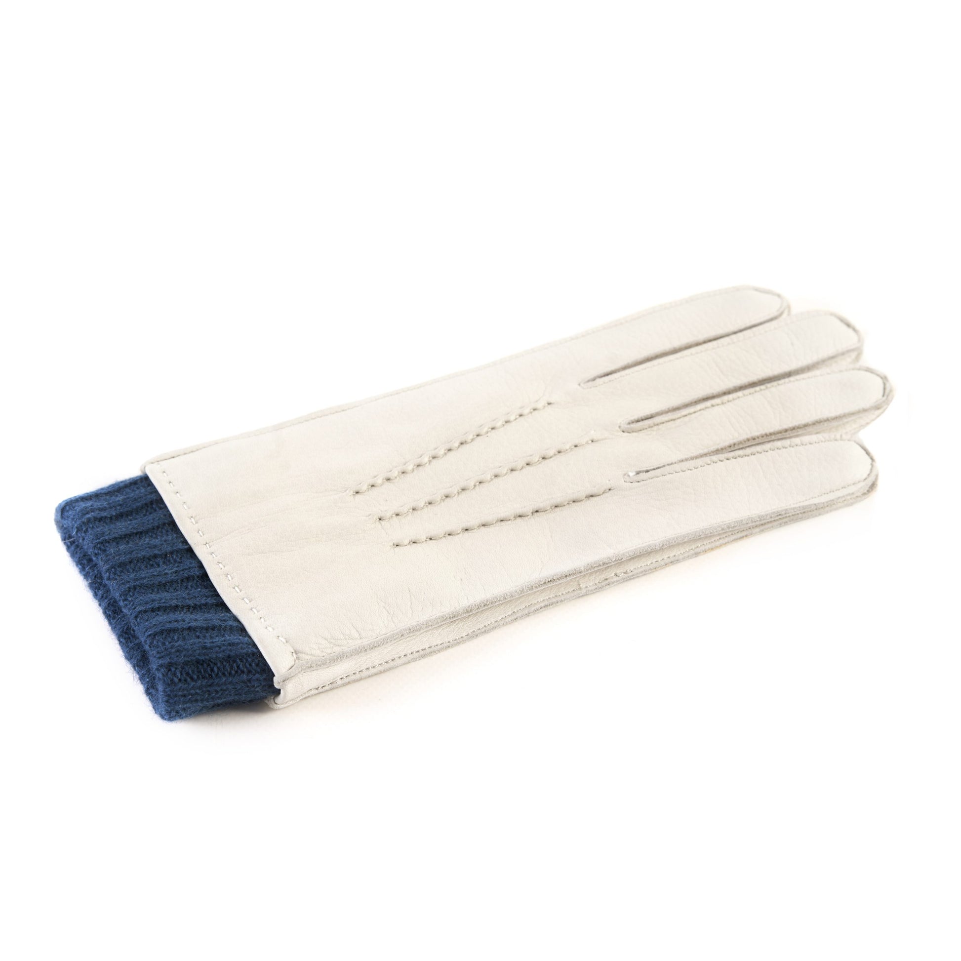 Men's white deerskin gloves with petrol cashmere lining with cuff
