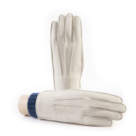 Men's white deerskin gloves with petrol cashmere lining with cuff