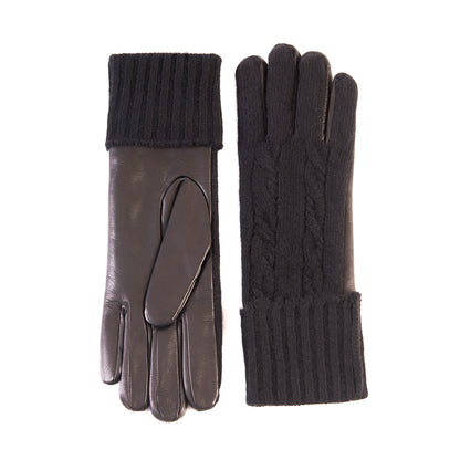 Men's leather gloves with woven cashmere top and lining in color black