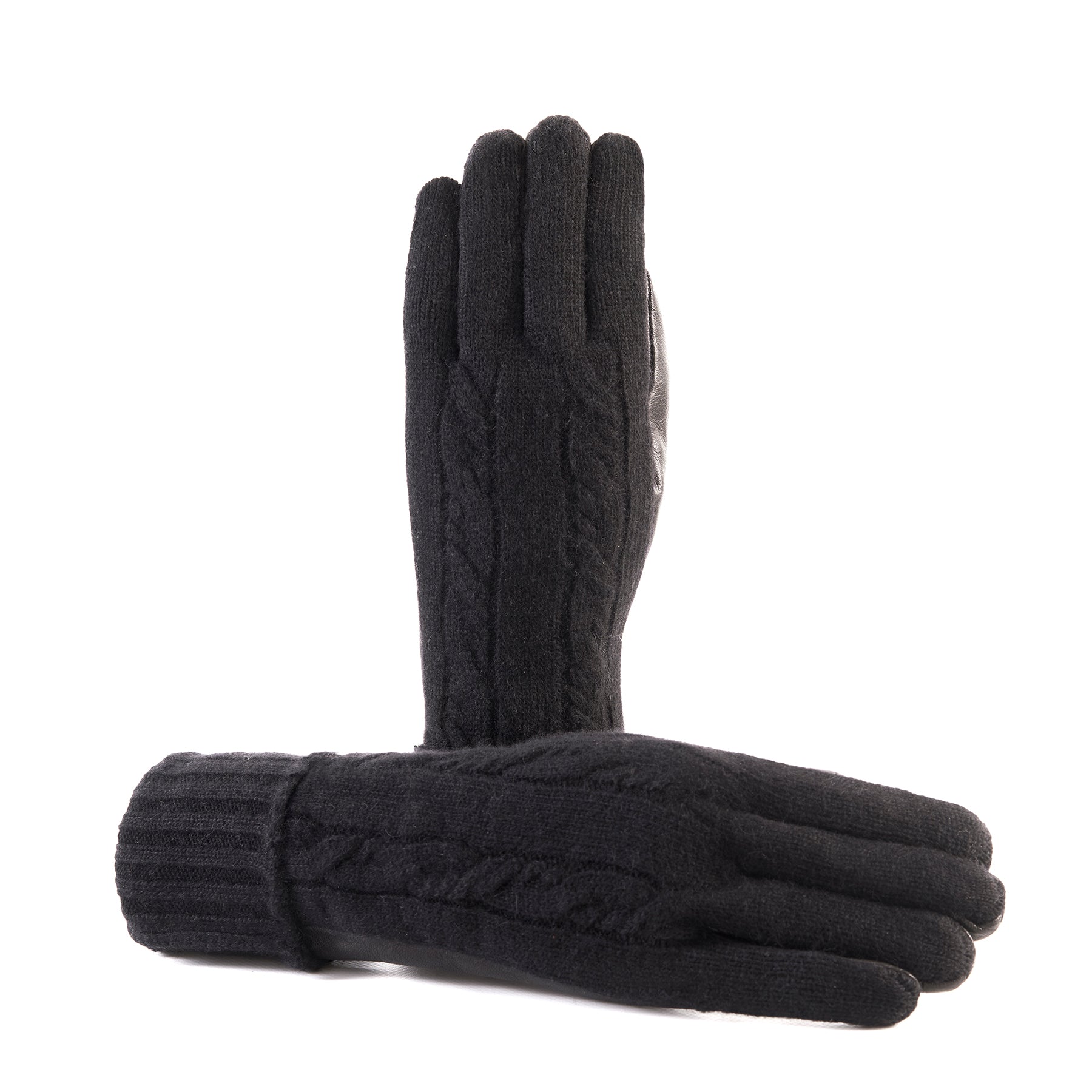 Men's leather gloves with woven cashmere top and lining in color black