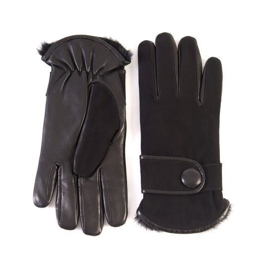 Men's black nappa and suede leather gloves with button and real fur lining