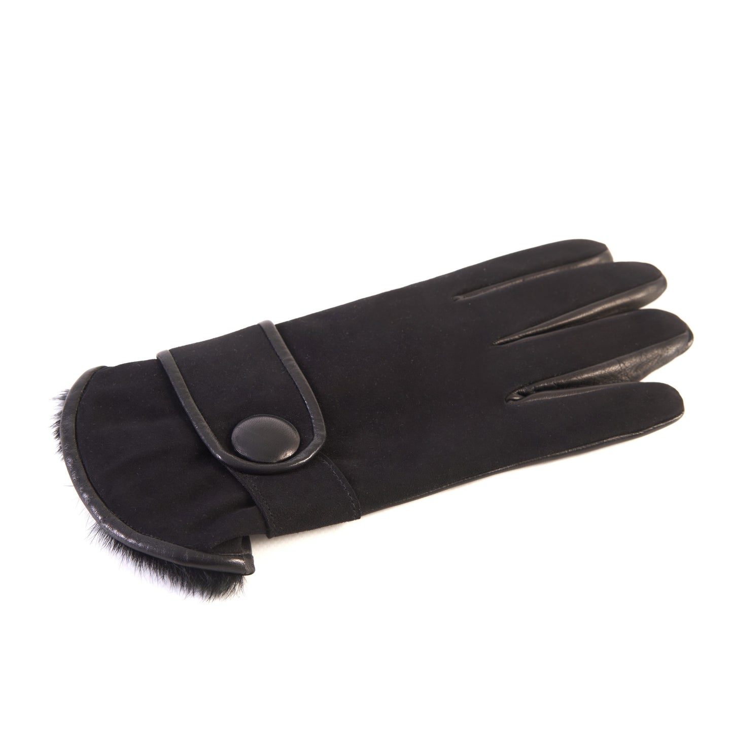 Men's black nappa and suede leather gloves with button and real fur lining