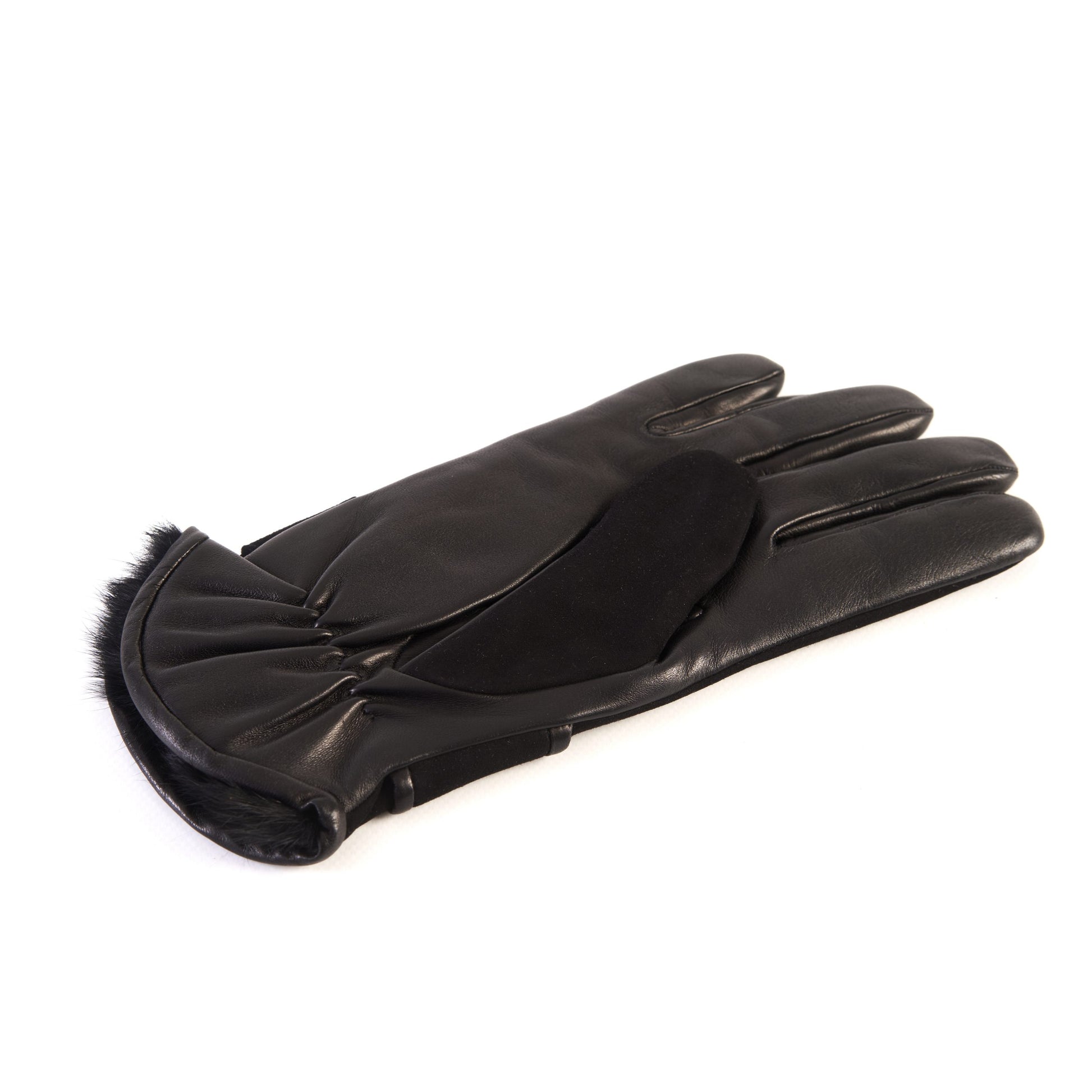 Men's black nappa and suede leather gloves with button and real fur lining