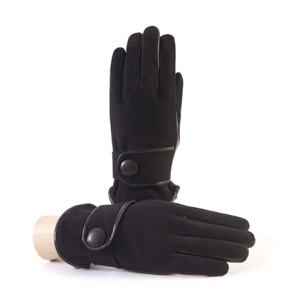 Men's black nappa and suede leather gloves with button and real fur lining