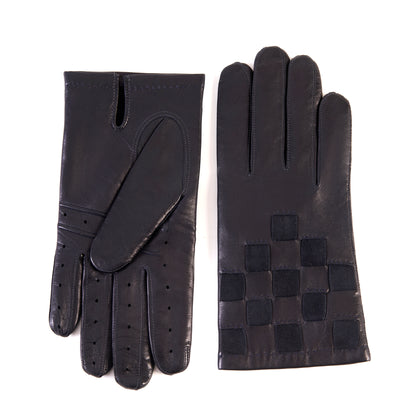 Men's dark navy leather gloves with suede panel inserts on top mix cashmere lined