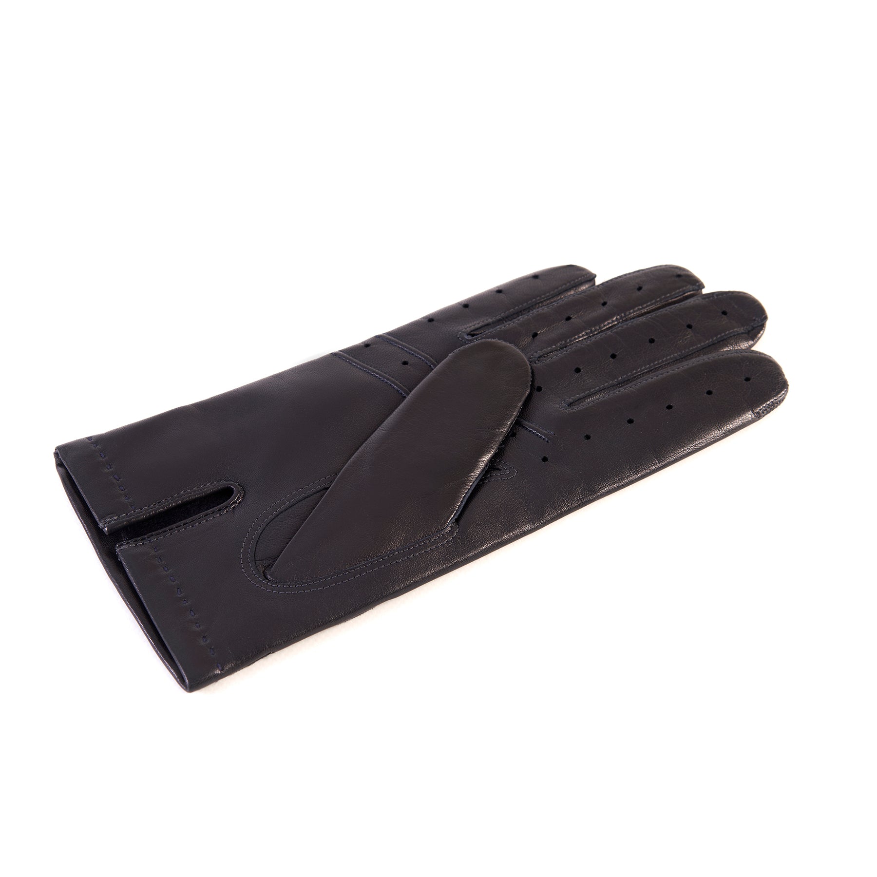 Men's dark navy leather gloves with suede panel inserts on top mix cashmere lined