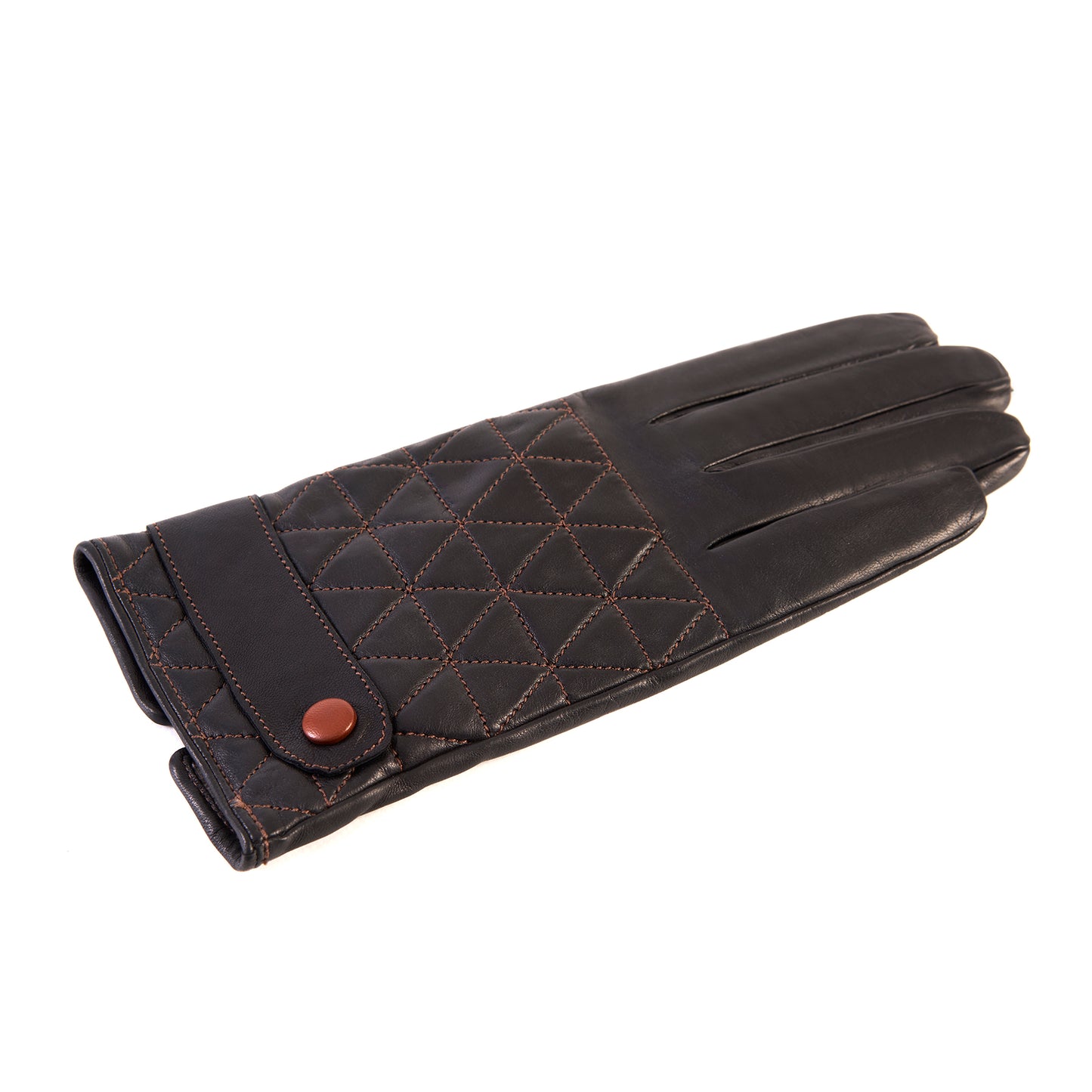 Men's dark brown quilted top sheepskin gloves with strap and contrast stitching details with cashmere lining