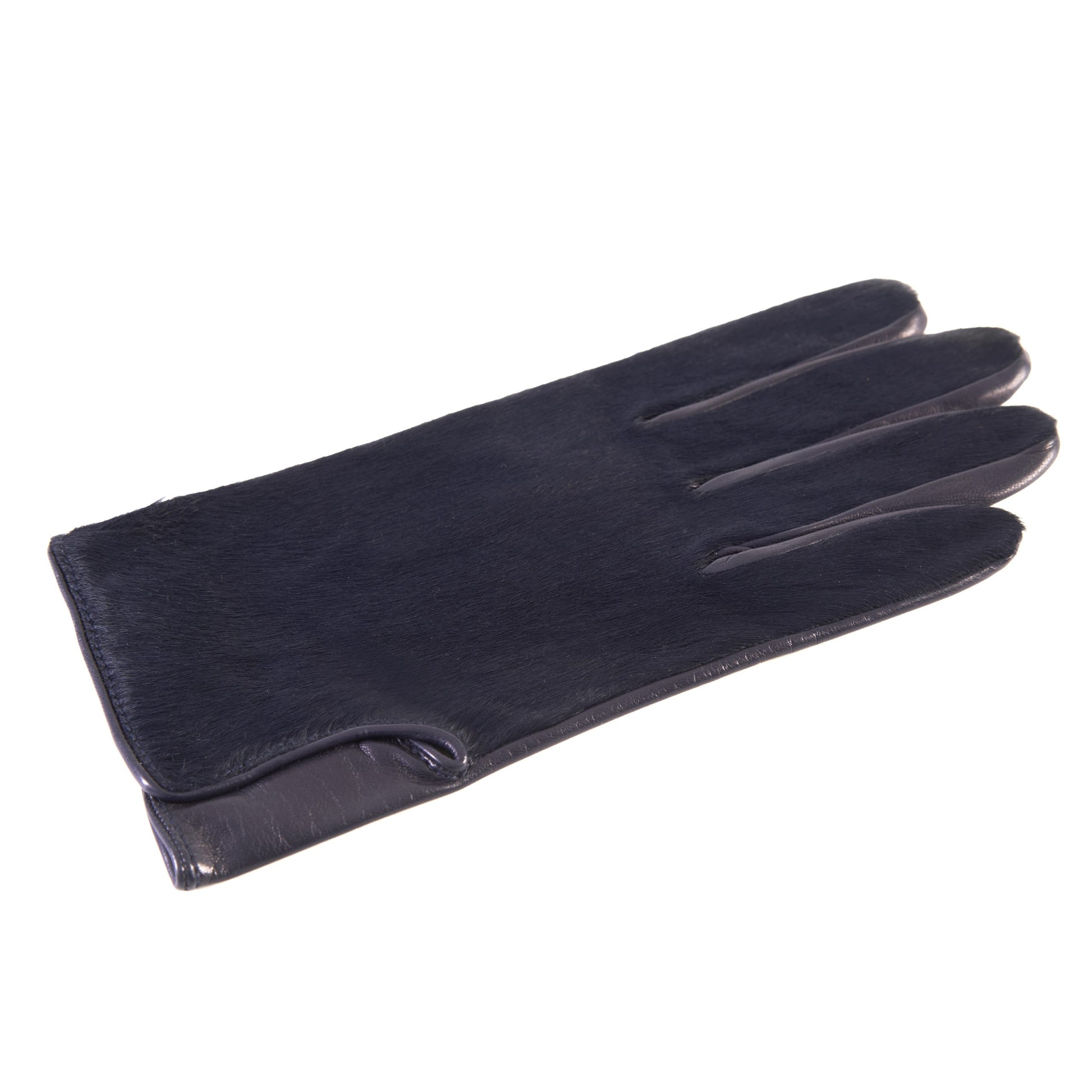 Men's navy nappa leather gloves with a pony panel on top and silk lined