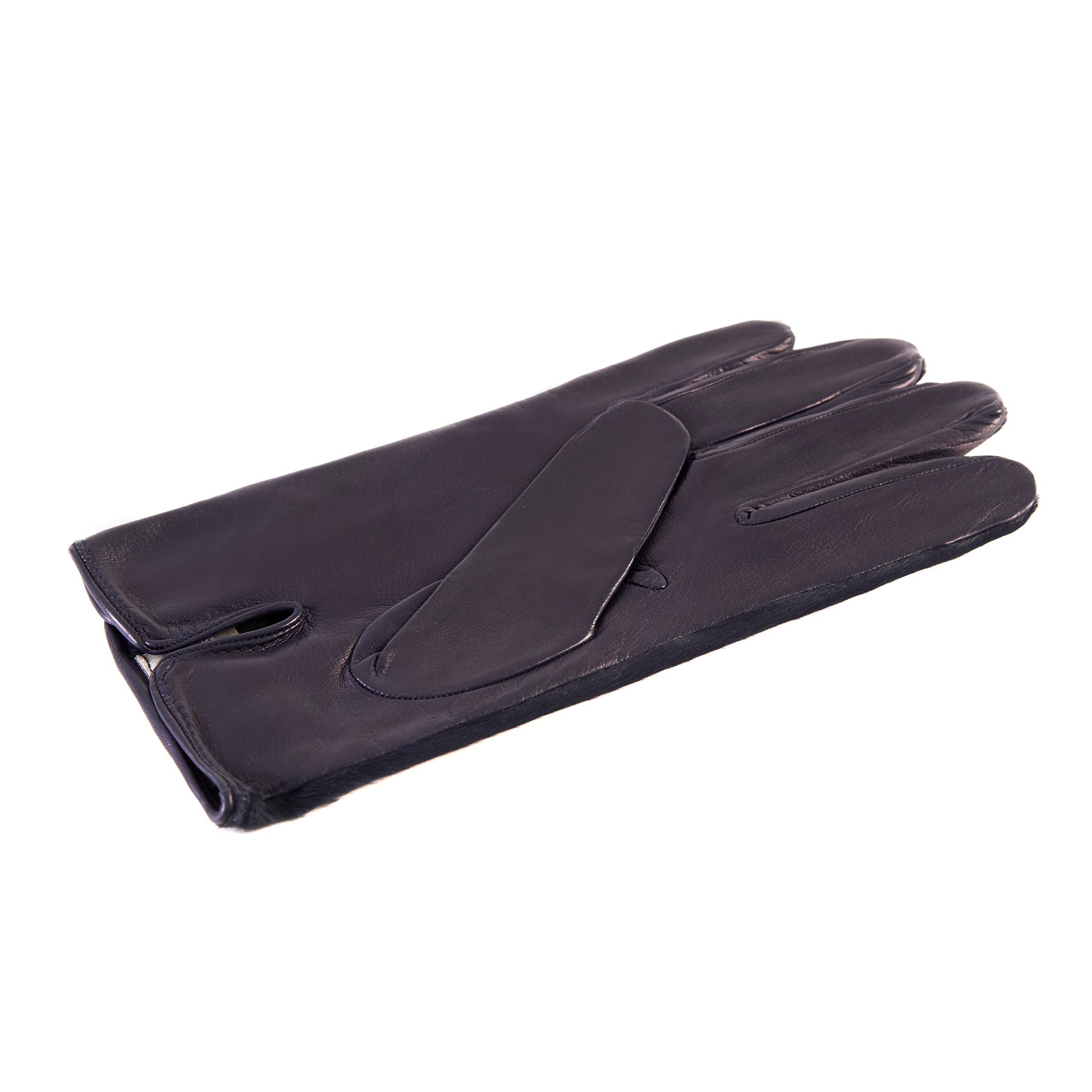Men's navy nappa leather gloves with a pony panel on top and silk lined