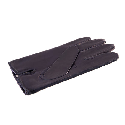 Men's navy nappa leather gloves with a pony panel on top and silk lined