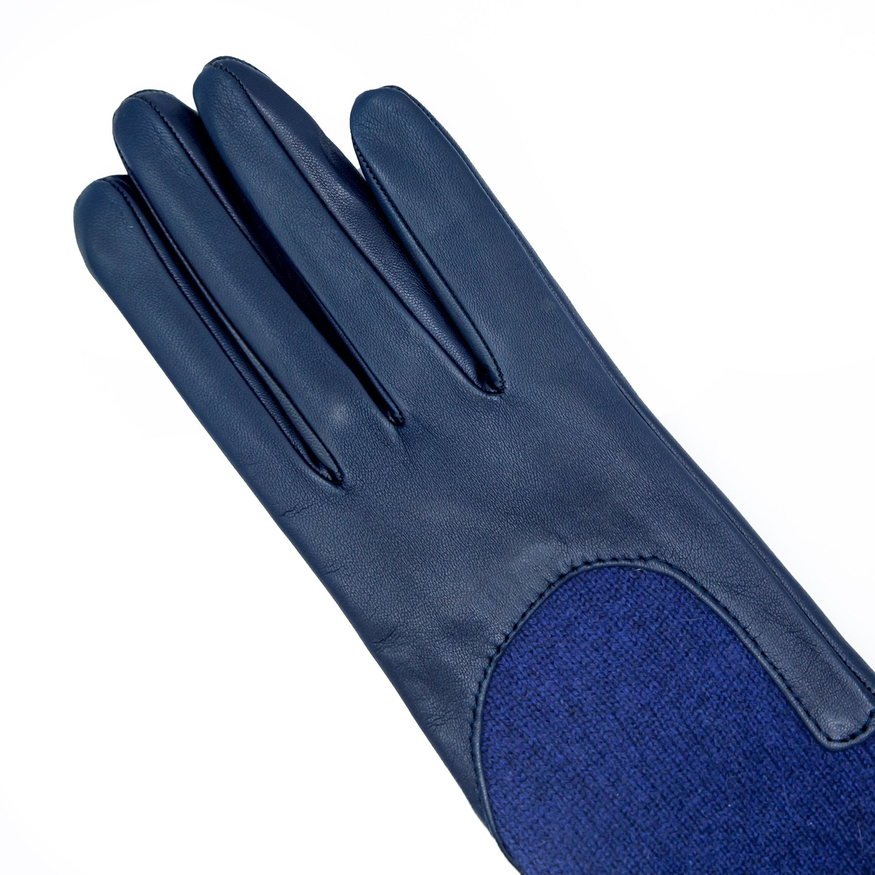 Women's metal free blue nappa leather gloves with a medium-length natural cashmere sleeve