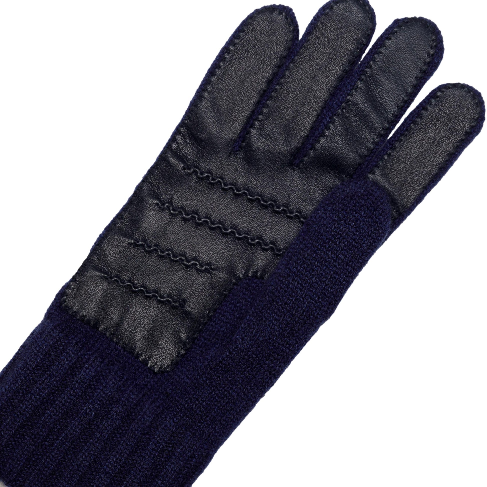 Men's natural blue cashmere gloves with chrome-free leather palm patch detail